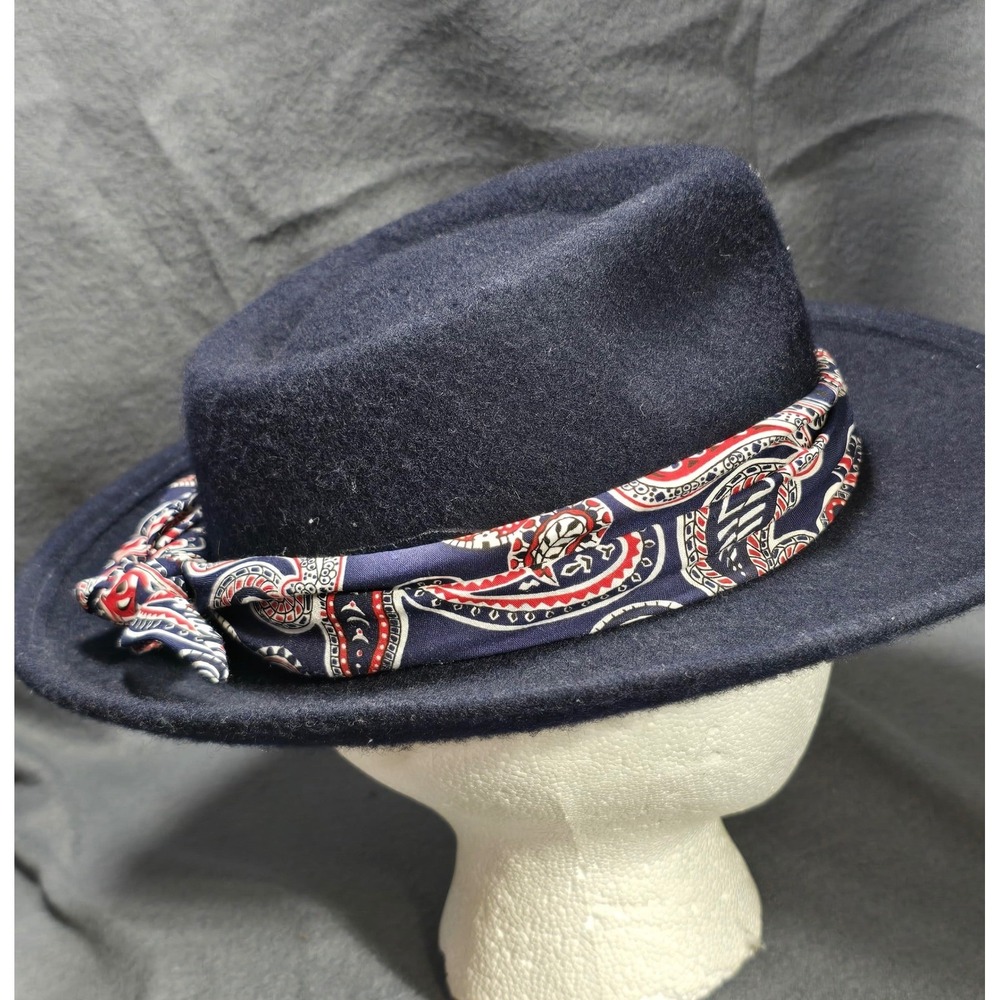Wool Felt Fedora Hat with Paisley‎ Band Navy Blue Classic Style